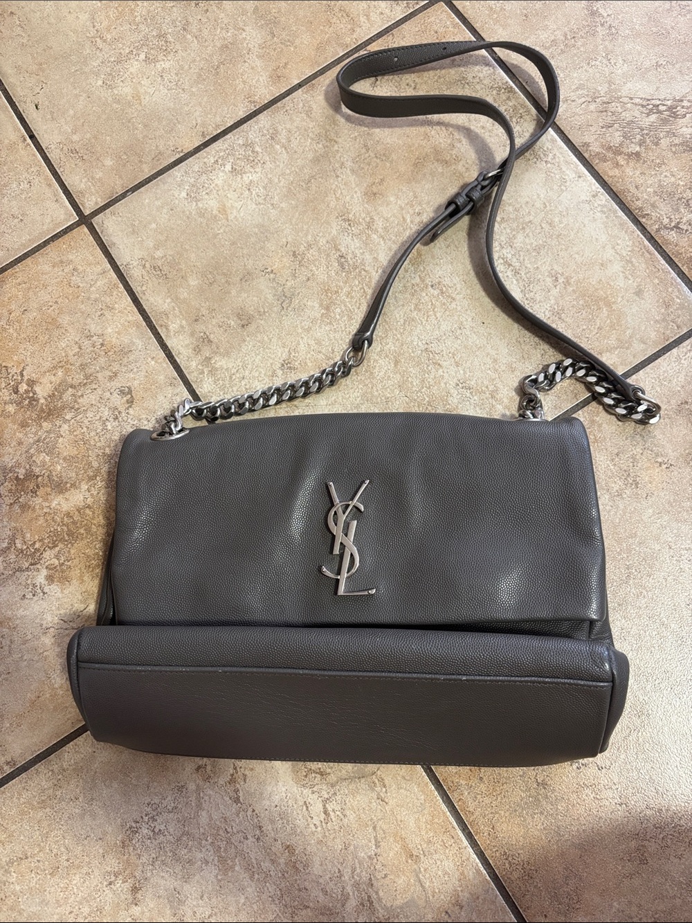 Saint Laurent Dark Gray Pebbled Leather Shoulder Bag with Silver YSL